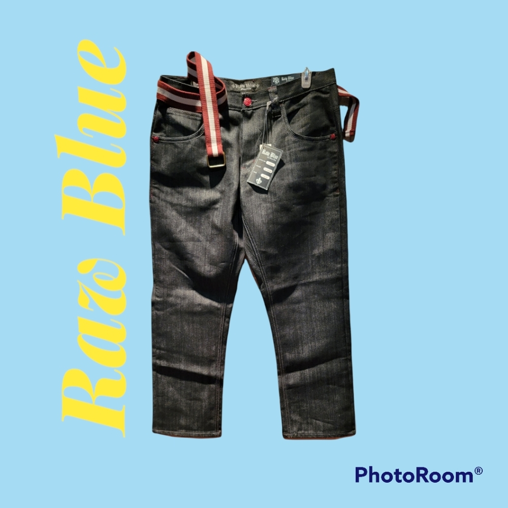 Raw Blue black denim men's designer jeans with belt